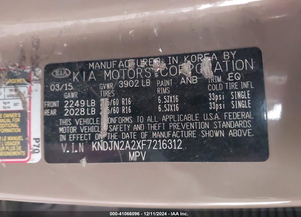 2015 KIA SOUL VIN: KNDJN2A2XF7216312