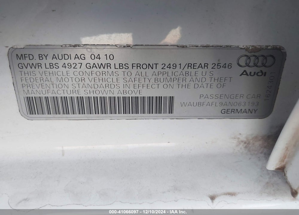 2010 AUDI A4 2.0T PREMIUM VIN: WAUBFAFL9AN063193