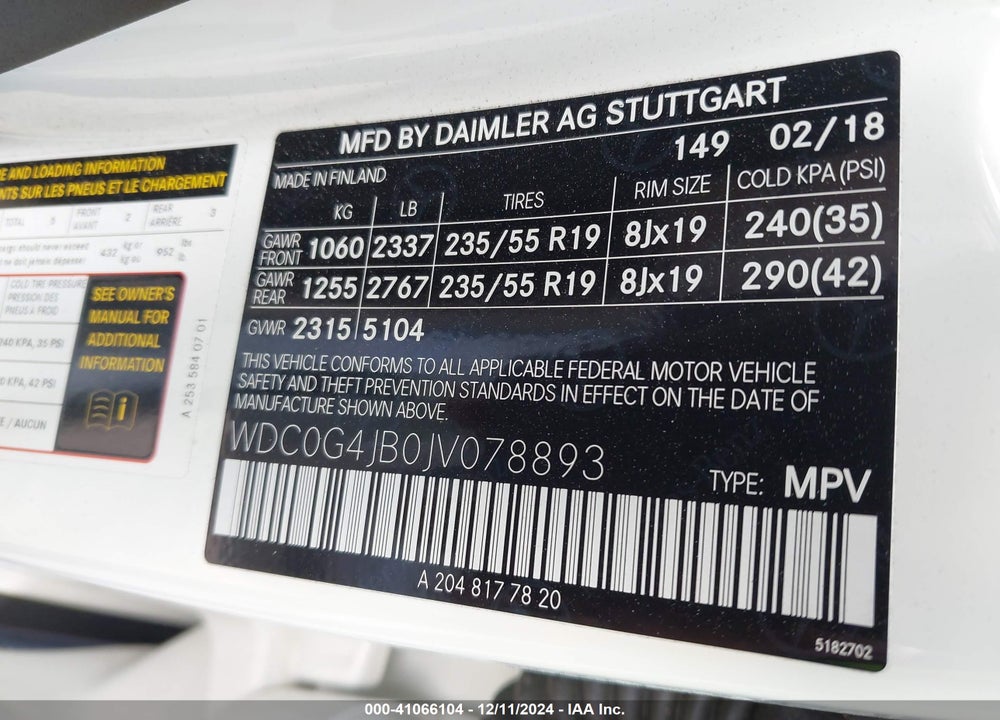 2018 MERCEDES-BENZ GLC 300 VIN: WDC0G4JB0JV078893