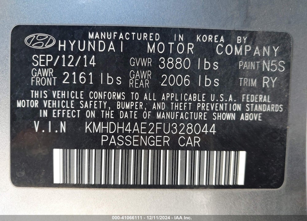 2015 HYUNDAI ELANTRA VIN: KMHDH4AE2FU328044