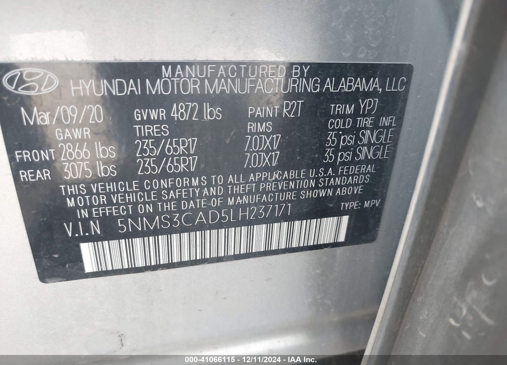 2020 HYUNDAI SANTA FE SEL VIN: 5NMS3CAD5LH237171