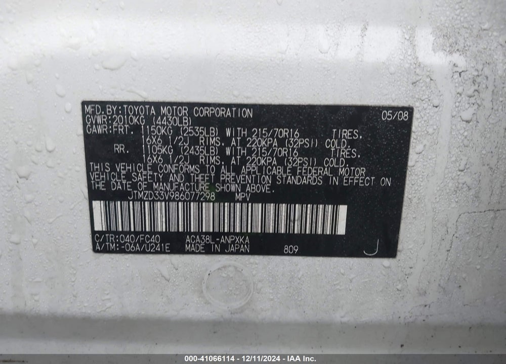 2008 TOYOTA RAV4 VIN: JTMZD33V986077298