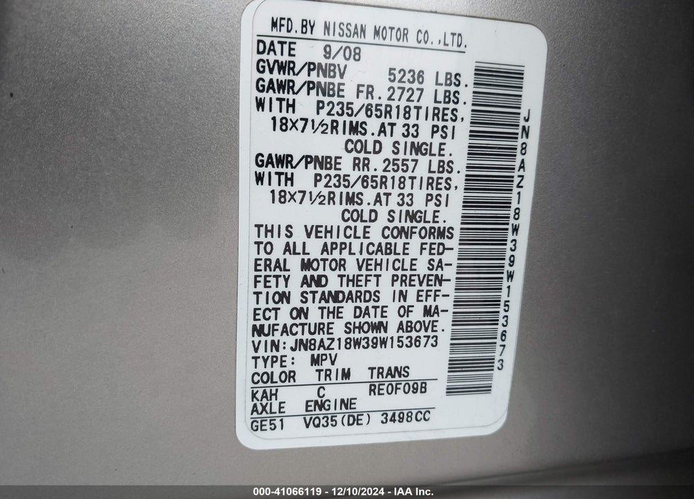 2009 NISSAN MURANO SL VIN: JN8AZ18W39W153673