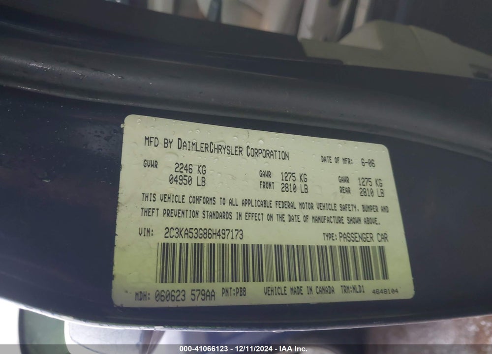 2006 CHRYSLER 300 TOURING VIN: 2C3KA53G86H497173