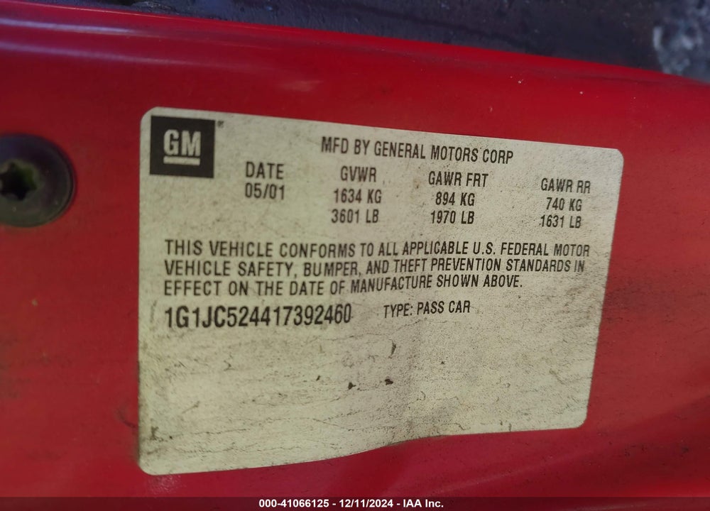 2001 CHEVROLET CAVALIER VIN: 1G1JC524417392460
