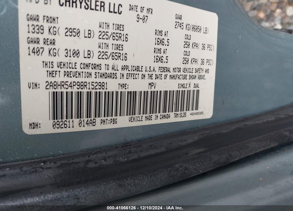 2008 CHRYSLER TOWN & COUNTRY TOURING VIN: 2A8HR54P98R152981