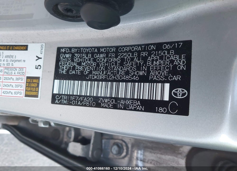 2017 TOYOTA PRIUS TWO VIN: JTDKBRFU2H3048546
