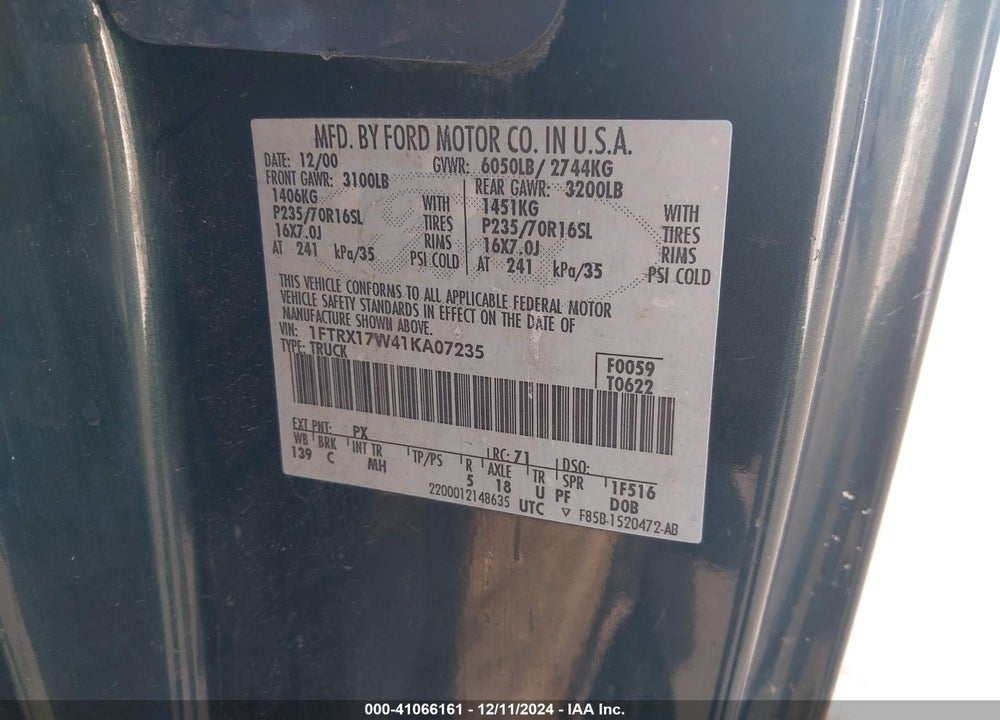 2001 FORD F-150 LARIAT/XL/XLT VIN: 1FTRX17W41KA07235