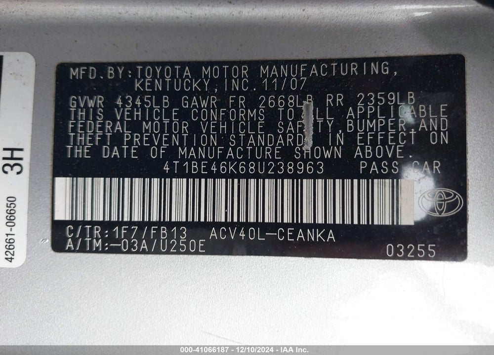 2008 TOYOTA CAMRY VIN: 4T1BE46K68U238963