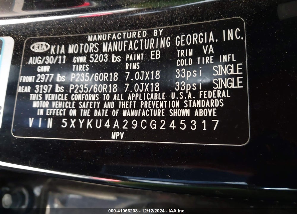 2012 KIA SORENTO EX V6 VIN: 5XYKU4A29CG245317