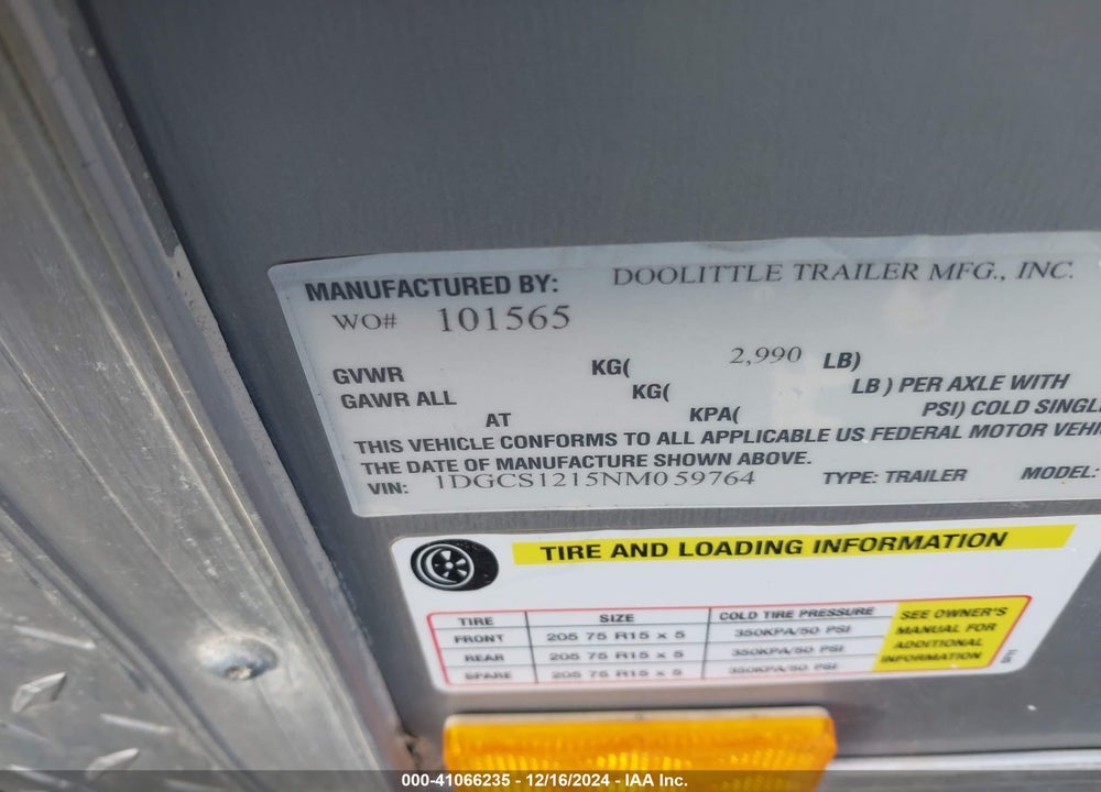 2022 DOOLITTLE CARGO TRAILER VIN: 1DGCS1215NM059764