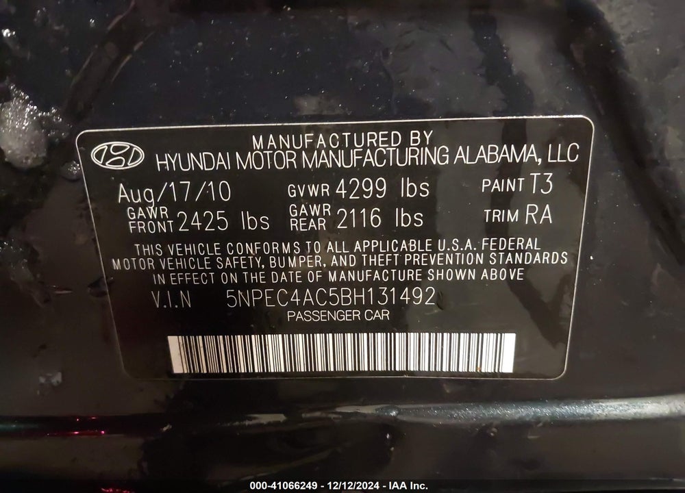 2011 HYUNDAI SONATA LIMITED VIN: 5NPEC4AC5BH131492