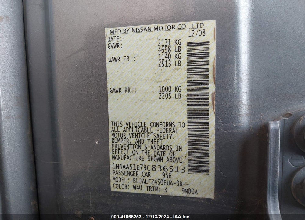 2009 NISSAN MAXIMA 3.5 SV VIN: 1N4AA51E79C836513