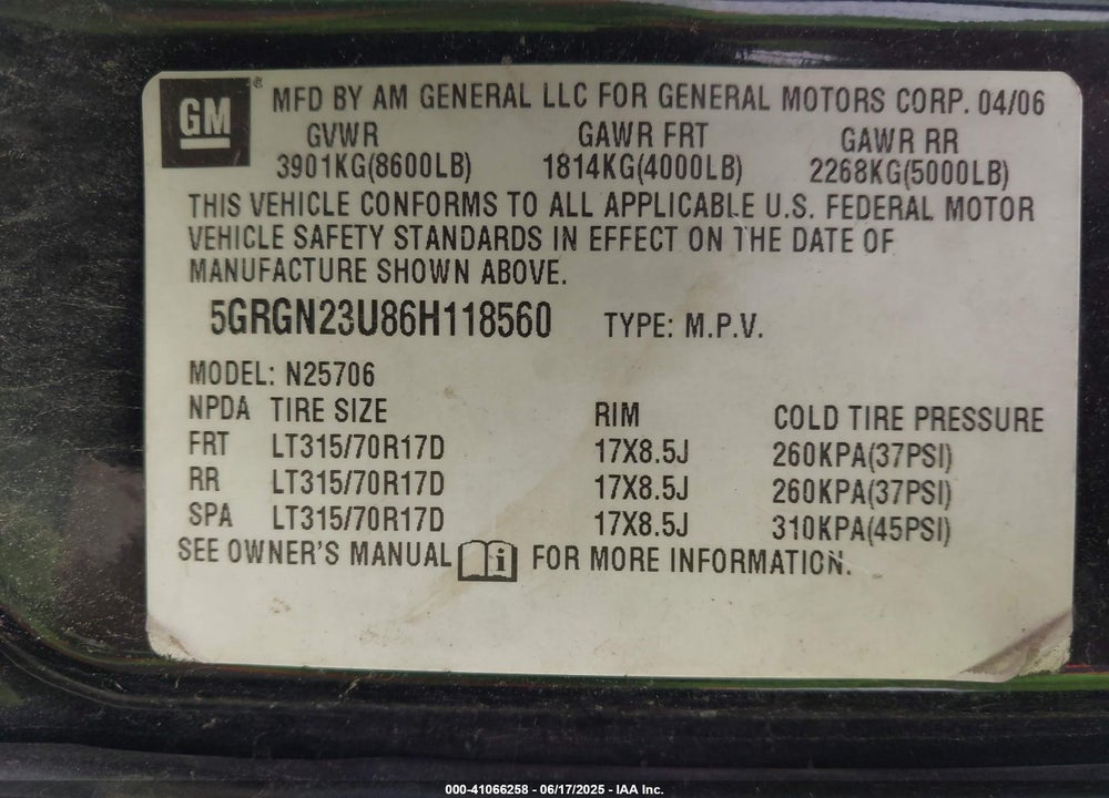 2006 HUMMER H2 SUV VIN: 5GRGN23U86H118560