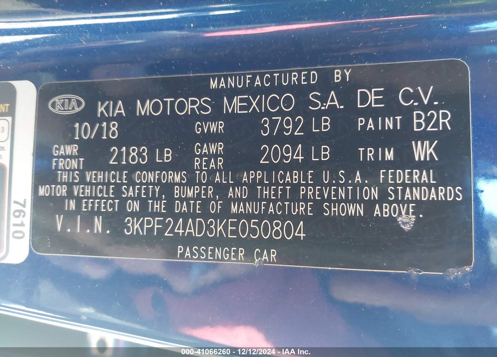 2019 KIA FORTE LXS VIN: 3KPF24AD3KE050804