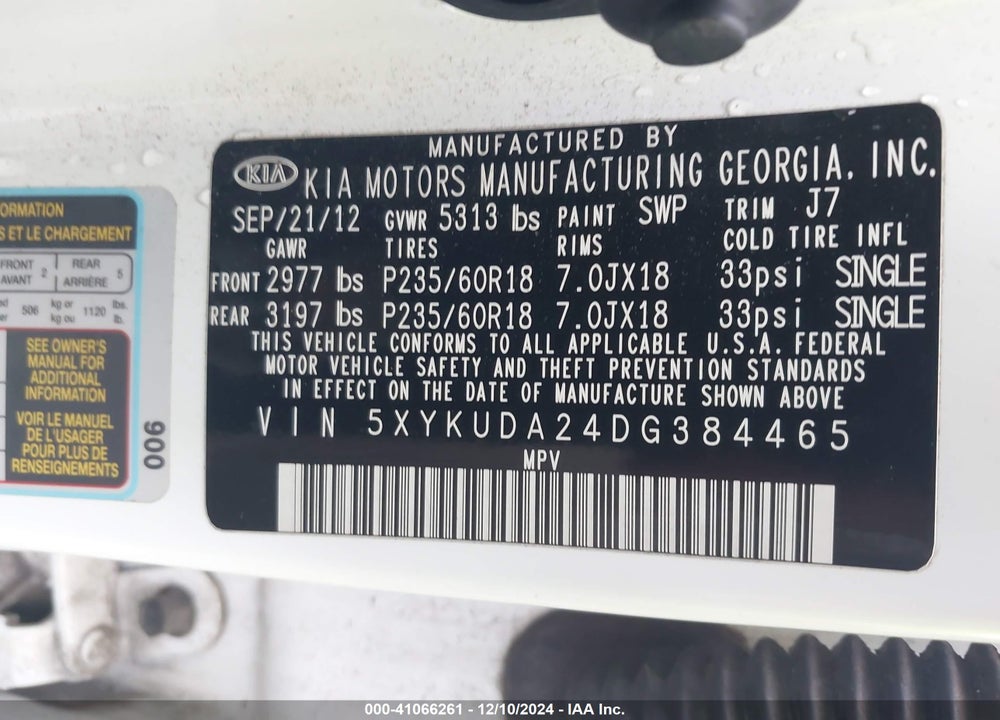 2013 KIA SORENTO EX V6 VIN: 5XYKUDA24DG384465