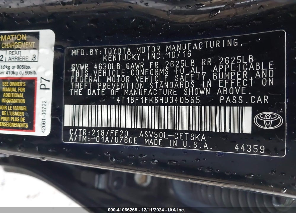 2017 TOYOTA CAMRY SE VIN: 4T1BF1FK6HU340565