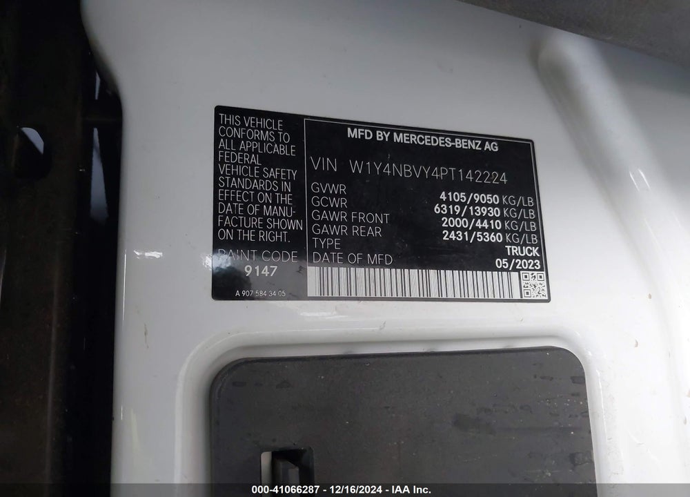 2023 MERCEDES-BENZ SPRINTER 2500 STANDARD ROOF 4-CYL DIESEL HO VIN: W1Y4NBVY4PT142224