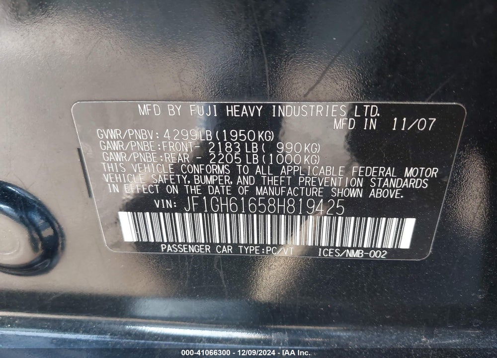 2008 SUBARU IMPREZA 2.5I VIN: JF1GH61658H819425
