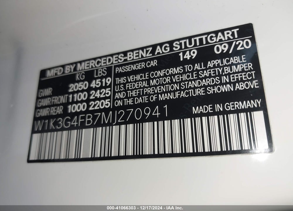 2021 MERCEDES-BENZ A 220 4MATIC VIN: W1K3G4FB7MJ270941