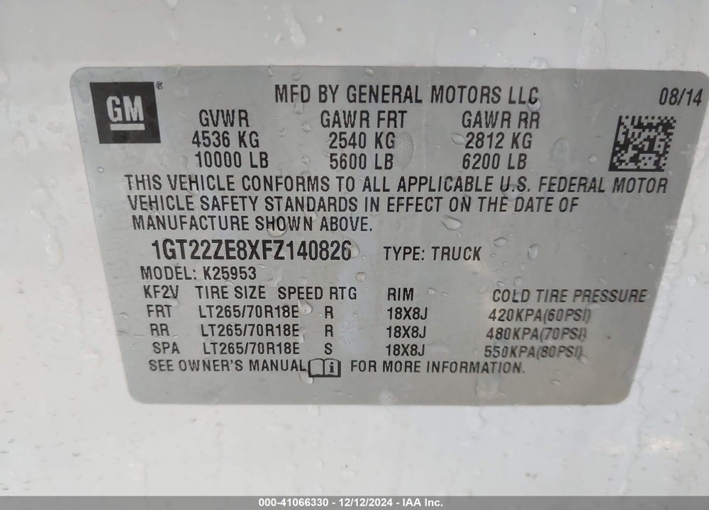 2015 GMC SIERRA 2500HD VIN: 1GT22ZE8XFZ140826