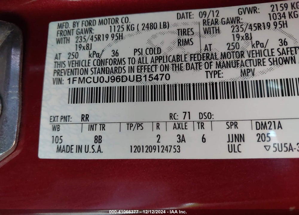 2013 FORD ESCAPE TITANIUM VIN: 1FMCU0J96DUB15470