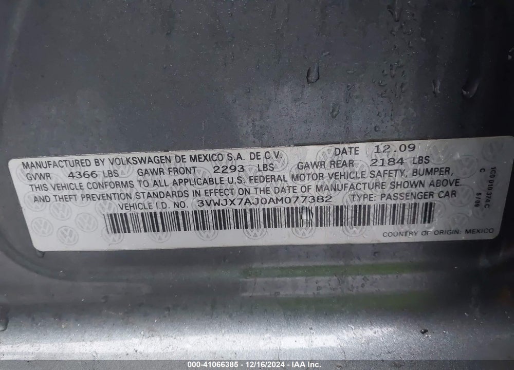 2010 VOLKSWAGEN JETTA VIN: 3VWJX7AJ0AM077382