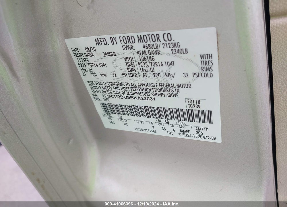 2011 FORD ESCAPE XLT VIN: 1FMCU9DG9BKA22031