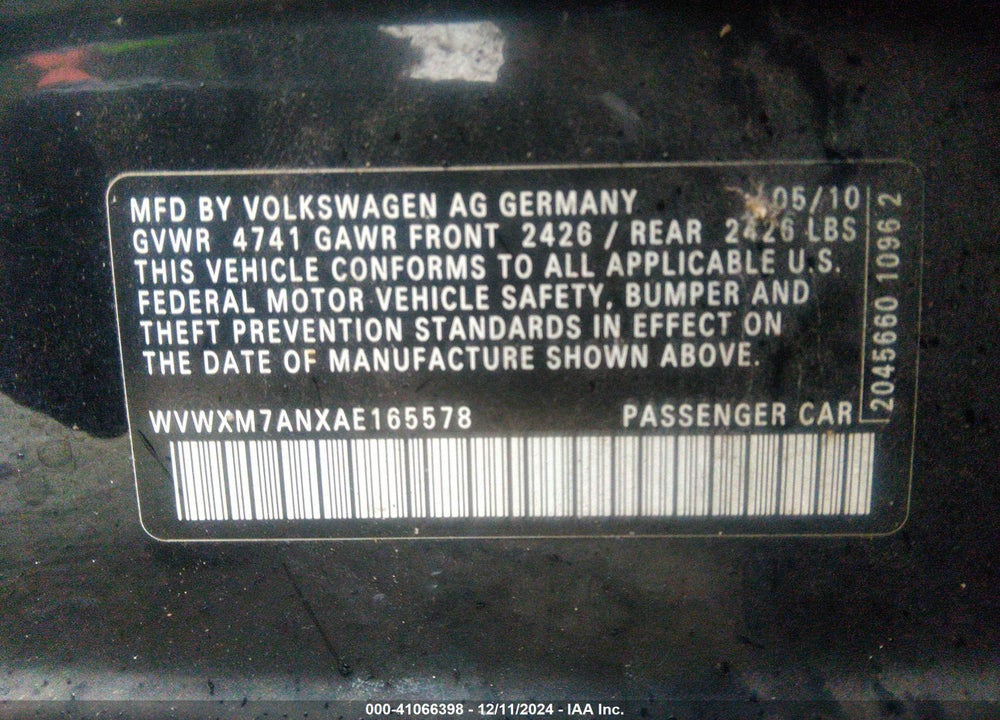 2010 VOLKSWAGEN PASSAT KOMFORT VIN: WVWXM7ANXAE165578
