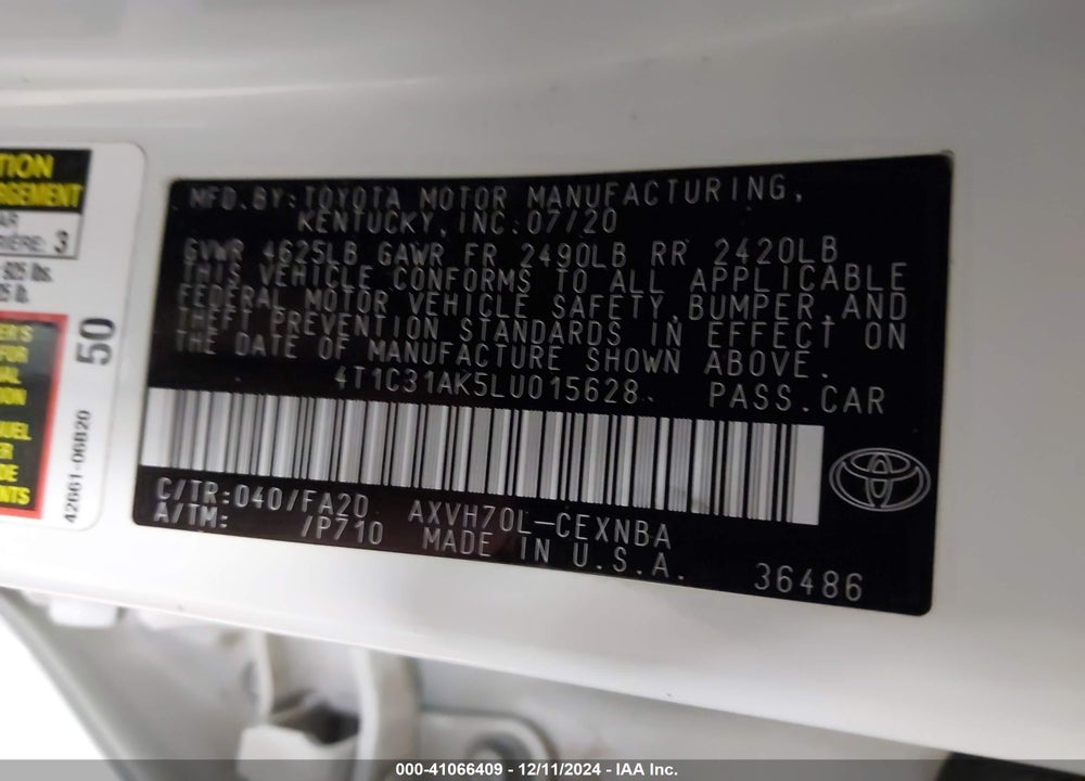 2020 TOYOTA CAMRY LE HYBRID VIN: 4T1C31AK5LU015628