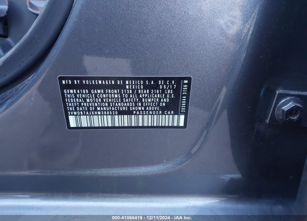 2017 VOLKSWAGEN JETTA VIN: 3VWDB7AJXHM388520
