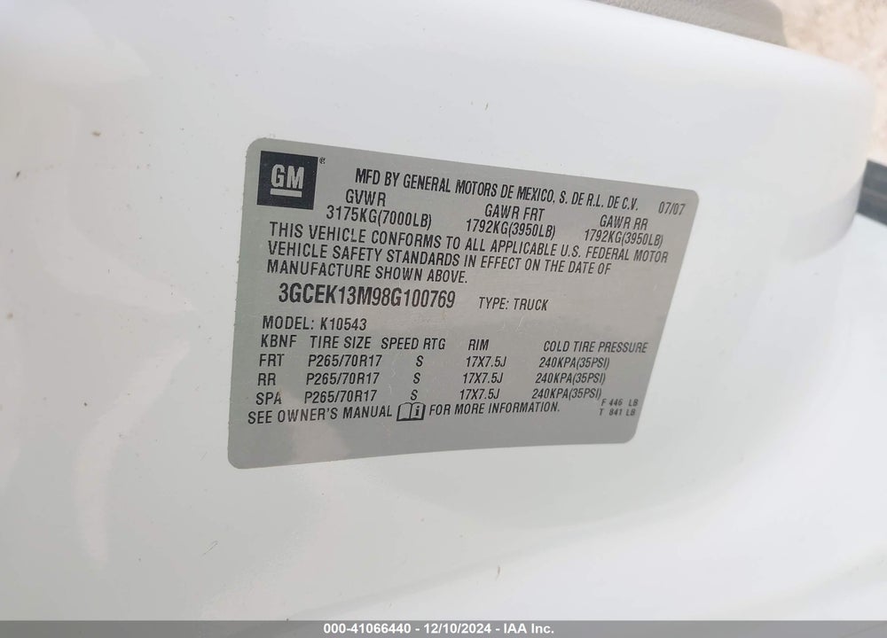 2008 CHEVROLET SILVERADO 1500 LT2 VIN: 3GCEK13M98G100769