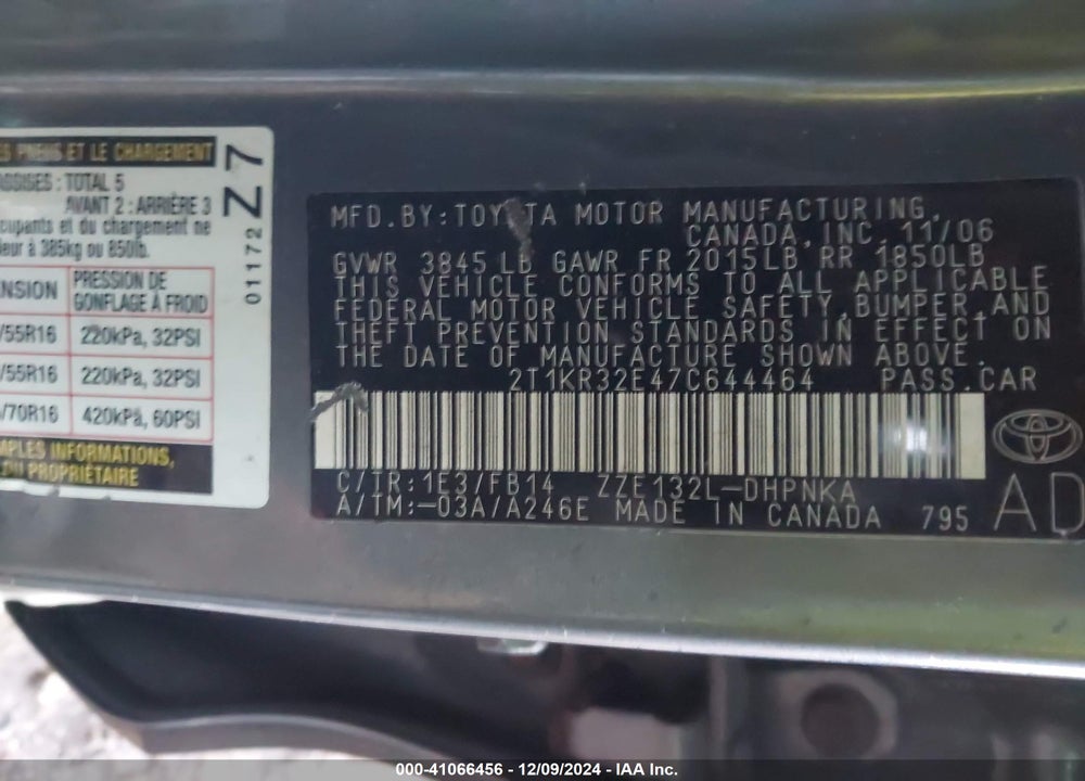2007 TOYOTA MATRIX/XR VIN: 2T1KR32E47C644464
