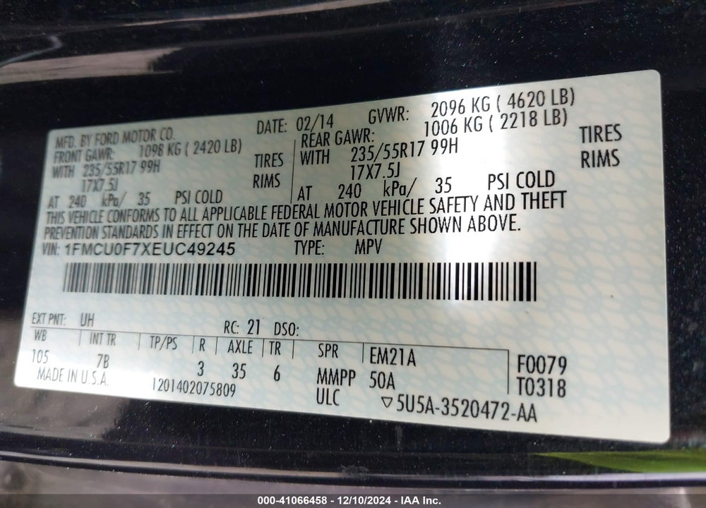2014 FORD ESCAPE S VIN: 1FMCU0F7XEUC49245