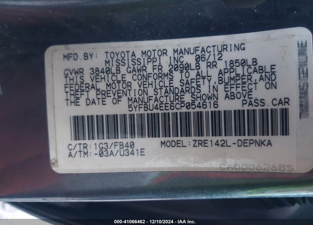 2012 TOYOTA COROLLA LE VIN: 5YFBU4EE6CP054616