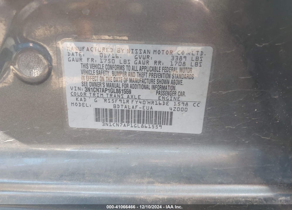 2016 NISSAN VERSA 1.6 S+ VIN: 3N1CN7AP1GL861559