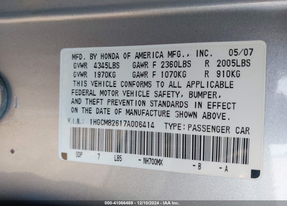 2007 HONDA ACCORD 3.0 EX VIN: 1HGCM82617A006414
