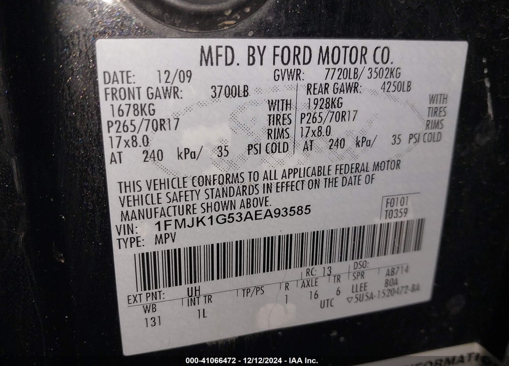 2010 FORD EXPEDITION EL XLT VIN: 1FMJK1G53AEA93585