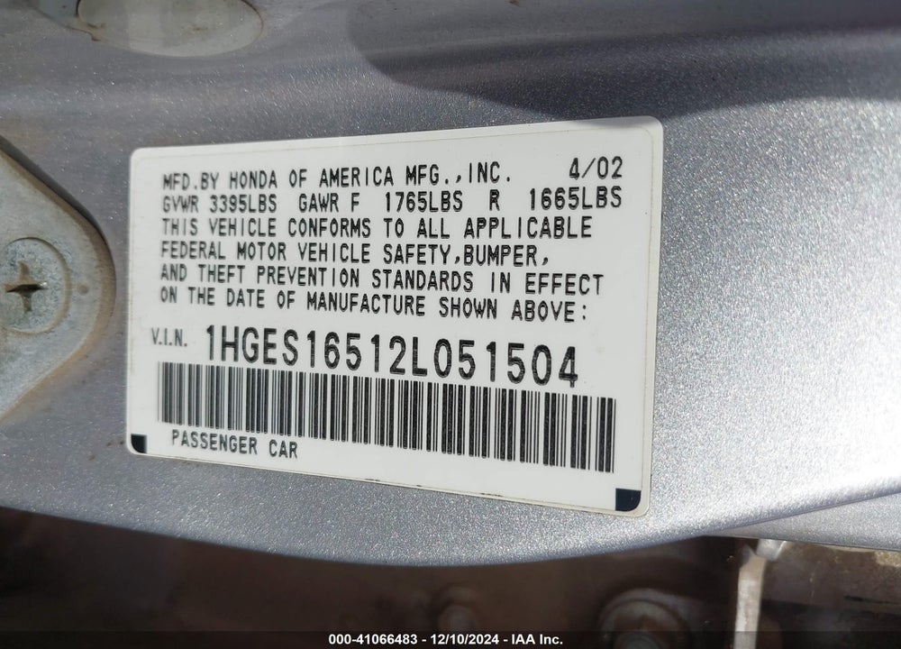 2002 HONDA CIVIC LX VIN: 1HGES16512L051504
