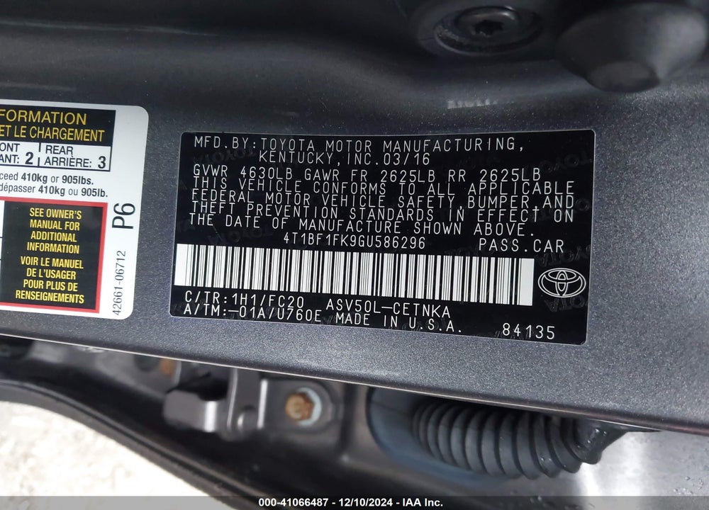 2016 TOYOTA CAMRY LE VIN: 4T1BF1FK9GU586296