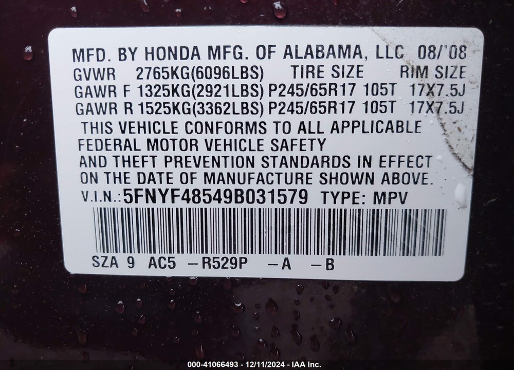 2009 HONDA PILOT EX-L VIN: 5FNYF48549B031579