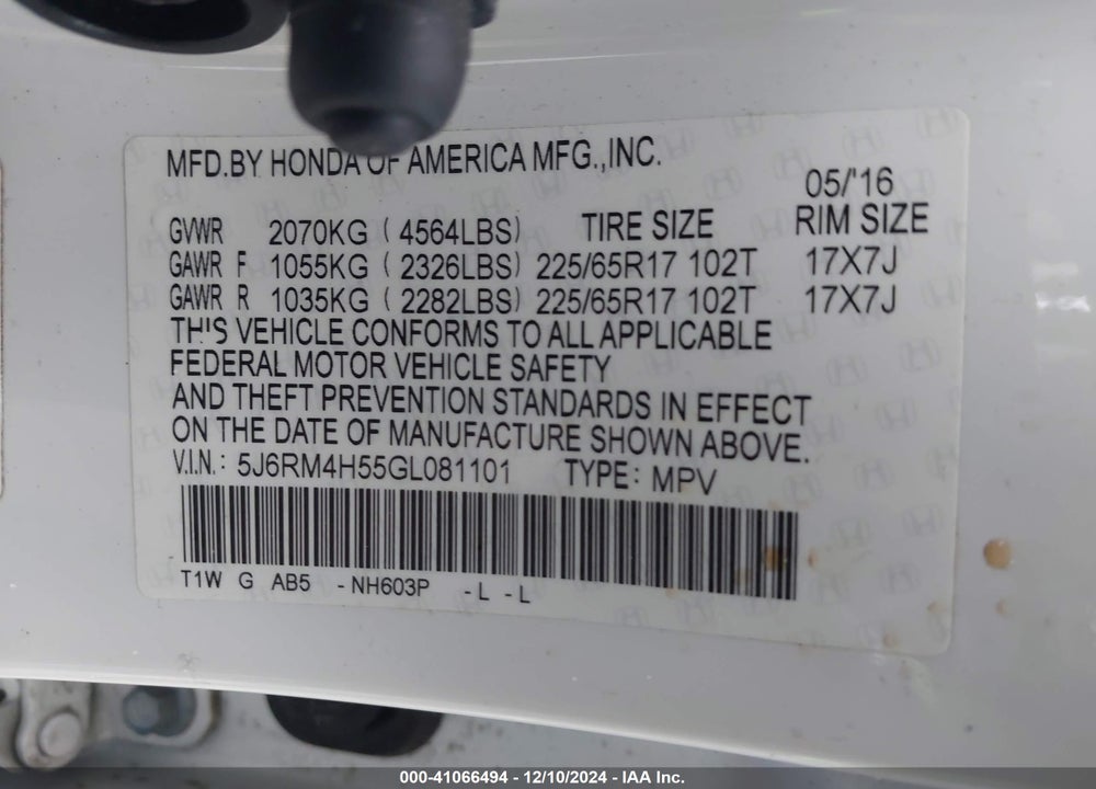 2016 HONDA CR-V EX VIN: 5J6RM4H55GL081101