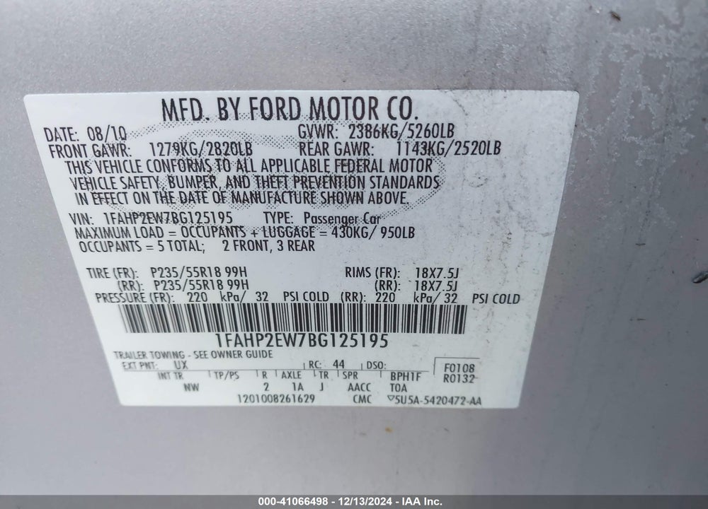 2011 FORD TAURUS SEL VIN: 1FAHP2EW7BG125195