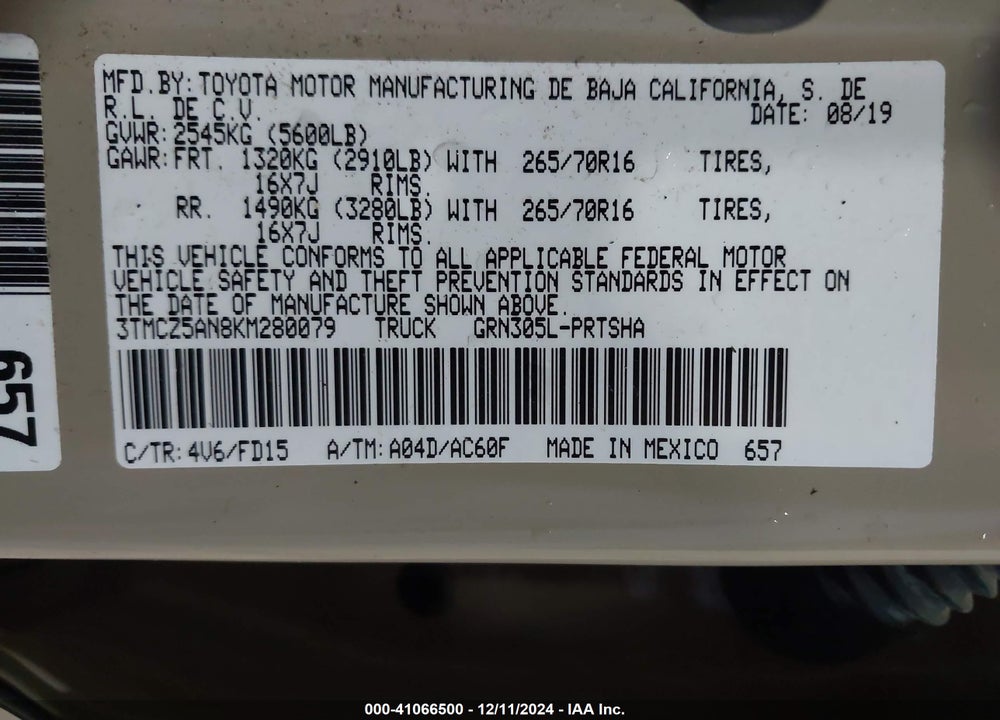 2019 TOYOTA TACOMA VIN: 3TMCZ5AN8KM280079