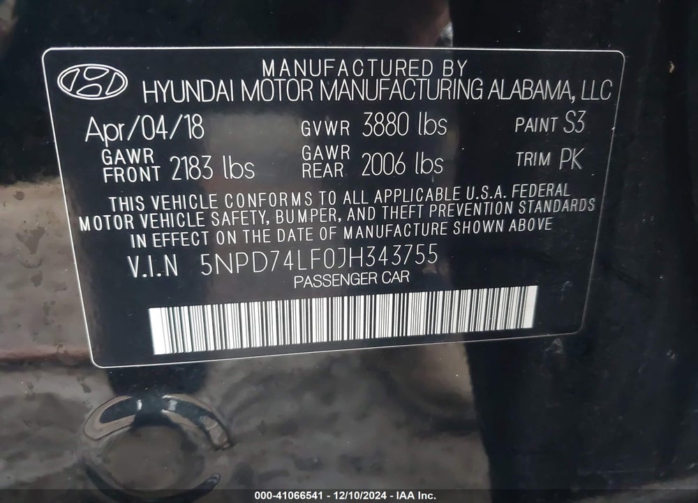 2018 HYUNDAI ELANTRA VIN: 5NPD74LF0JH343755