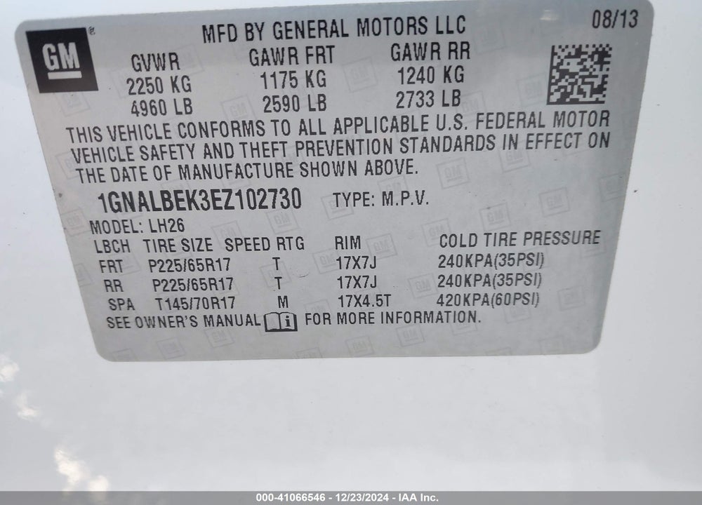 2014 CHEVROLET EQUINOX 1LT VIN: 1GNALBEK3EZ102730