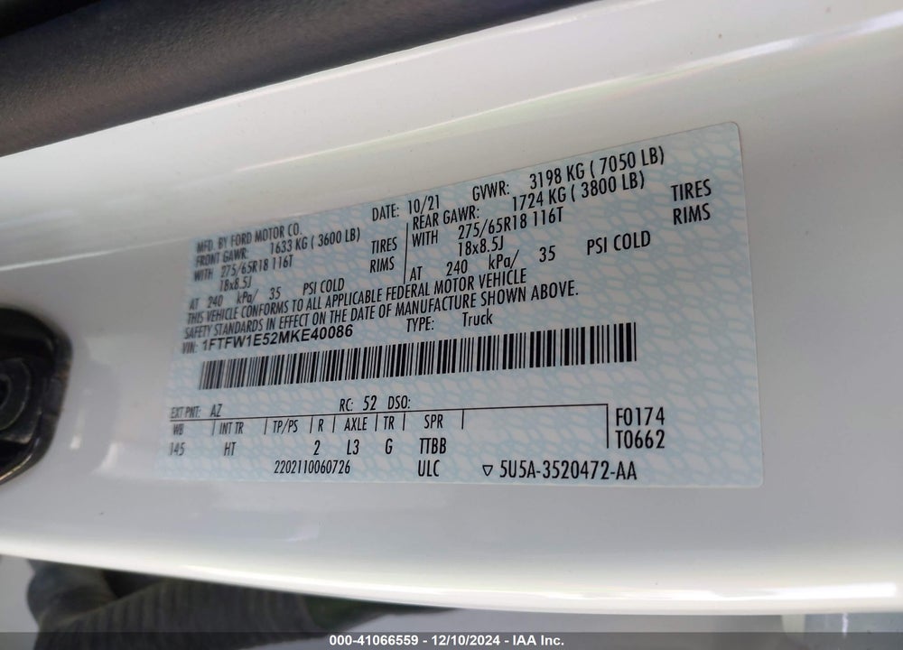2021 FORD F-150 LARIAT VIN: 1FTFW1E52MKE40086