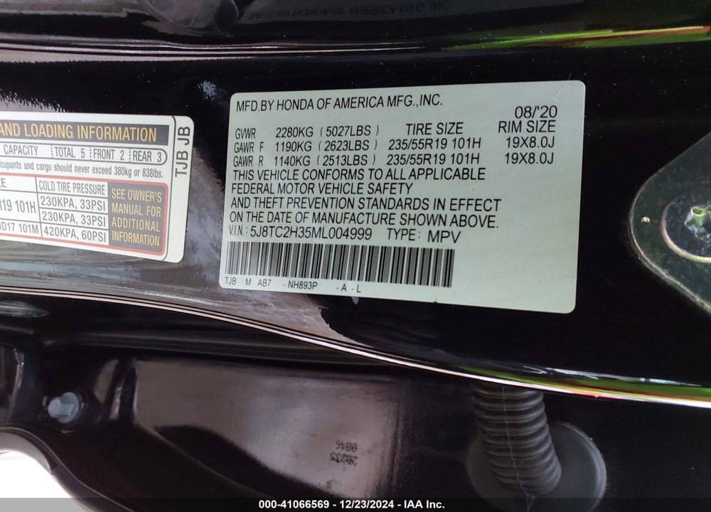 2021 ACURA RDX STANDARD VIN: 5J8TC2H35ML004999