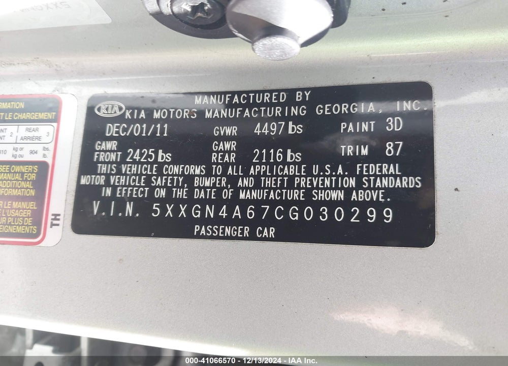 2012 KIA OPTIMA VIN: 5XXGN4A67CG030299