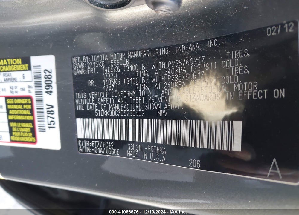 2012 TOYOTA SIENNA LE V6 8 PASSENGER VIN: 5TDKK3DC7CS230502